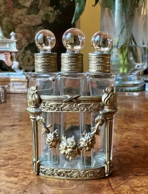 Antique French Bronze Doré Mounted Ormolu Perfume Bottle Caddy Set Flower 2