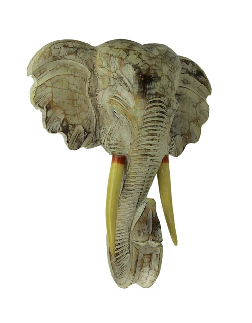 Scratch & Dent Off-White Hand Carved Wood Elephant Head Wall Hanging 20 inch