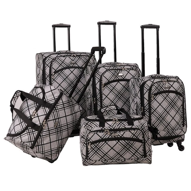American Flyer Silver Stripes Fabric 5 Piece Spinner Luggage Set in Silver