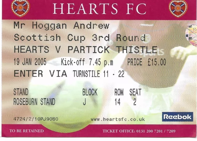 Ticket Stub- Hearts Heart of Midlothian v Partick Thistle - Scottish Cup 19.1.05