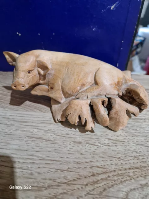 Hand Carved Wooden Pig Ornament Figure on a tree root Burr Wood