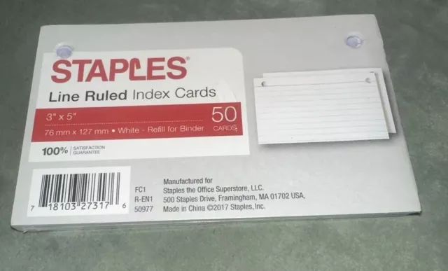 NEW Staples White Index Cards Line Ruled 3" x 5” 50 Lined Cards (50977)Top Holes