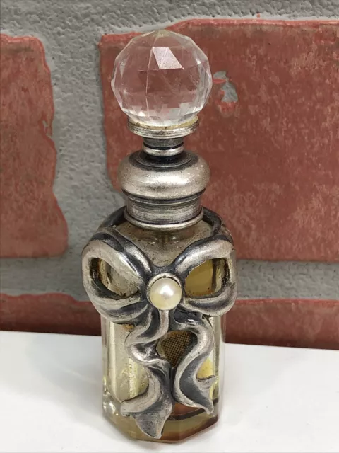 Antique Oil Perfume Glass Bottle Screw Topper Art Nouveau Silver Bowtie