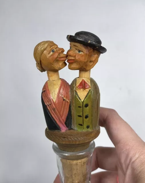 Vintage Arni Wood Mechanical Couple Husband & Wife Man & Woman Bottle Stopper 3