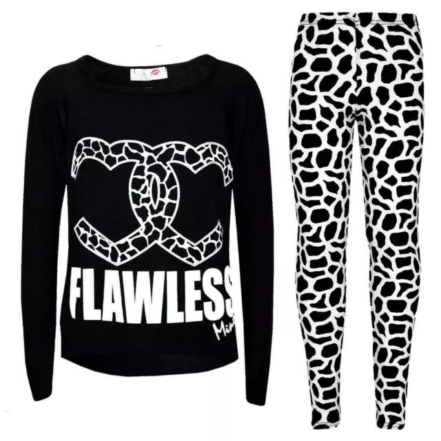 Bambine Flawless Stampato Nero Moda Top & Trendy Set Leggings New Età 7-1