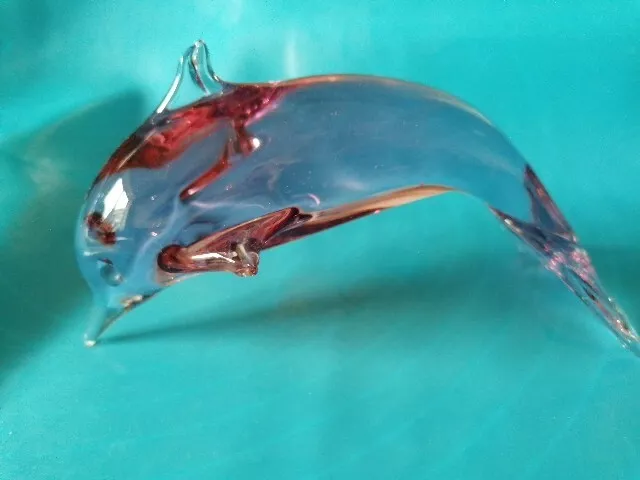 💞  Pink glass Dolphin Ornament 6 Inches Long, Vintage? Clear & Pink