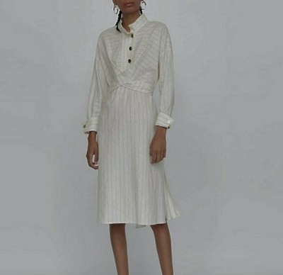 Zara Womens Linen White Pinstrip Tie Midi Dress Xsmall