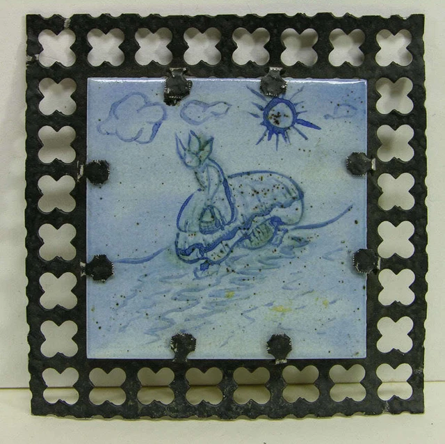 Fine Delft Style Tile Artist Signed Wheeling Tile 1962, Metal Frame