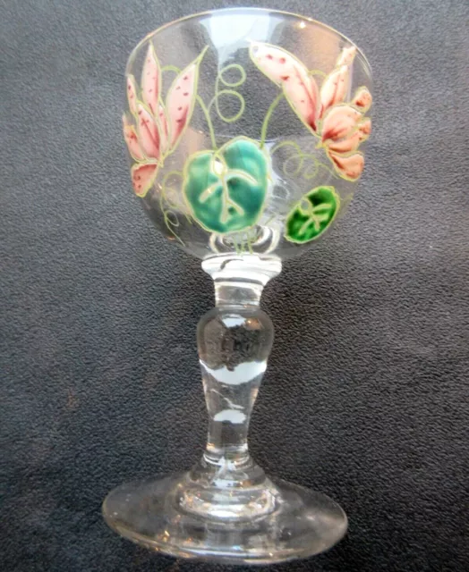 Verre à liqueur sur pied, émaillé Legras, Art Nouveau: Cyclamen blanc-rosés