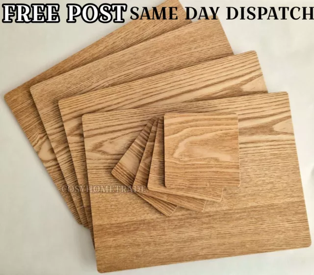 Set of 4 Placemats and 4 Coasters Brown Wooden Oak Veneer Table Setting Mats