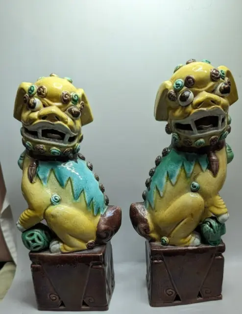 Vintage Pair Of Odd Color Chinese Porcelain Foo Dogs Statues 10 " Tall