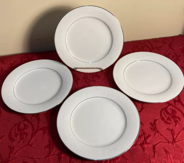 Noritake Japan 6115 Whitehall~ White w Platinum  Salad Plates 8 1/4" Set of 4