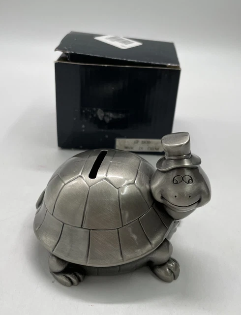 Small Metal Turtle Piggy Bank Smiling Wearing Hat Pewter 4"