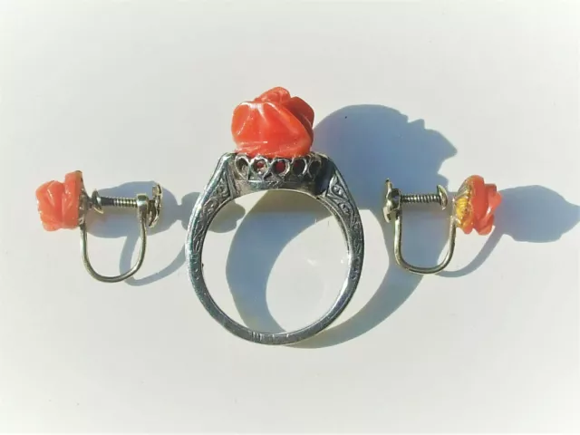 LOT / BEAUX BIJOUX ANCIENS en ARGENT avec ROSE en CORAIL / BAGUE T.56 et B.O