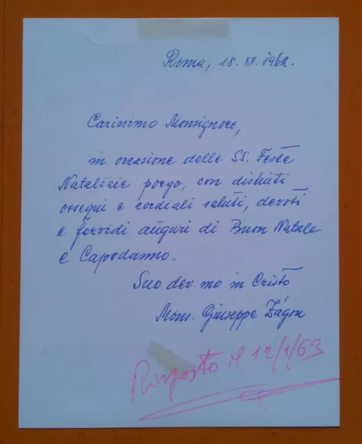 Roma 1962: Biglietto di auguri autografato dal Mons. Giuseppe Zagora Autografo