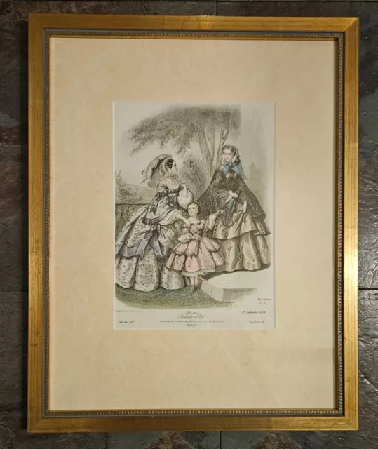 Framed Vintage Engraving - French Fashion Print - Paris 1858 - Two Women & Girl