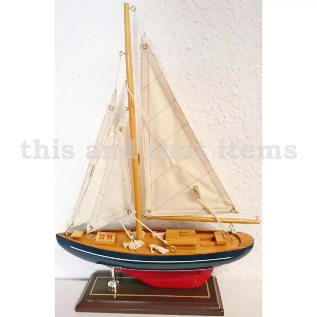 Segelyacht Modell Segelschiffmodell Standmodell Holz Höhe 35 Cm Blau Rot Sy4 2