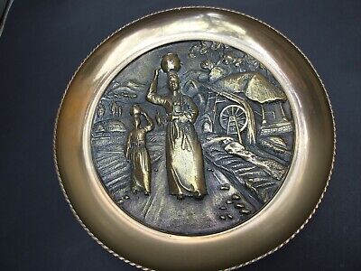 Antique Asian Solid Brass  Wall Decor Plate ''Country Life Scenes ''Vintage Gift