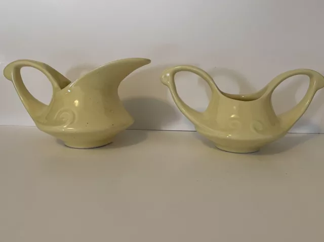 VTG Art Deco Pearl China Co / Hall Cream & Sugar Swirl Yellow Mid Century