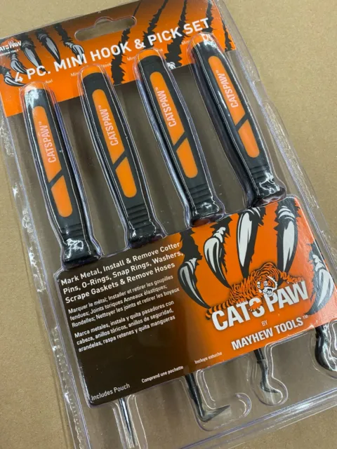 1 Set Mayhew Catspaw 4pc 6 1/2" Mini Hook & Pick Tool Set w/ Pouch, Orange 60003