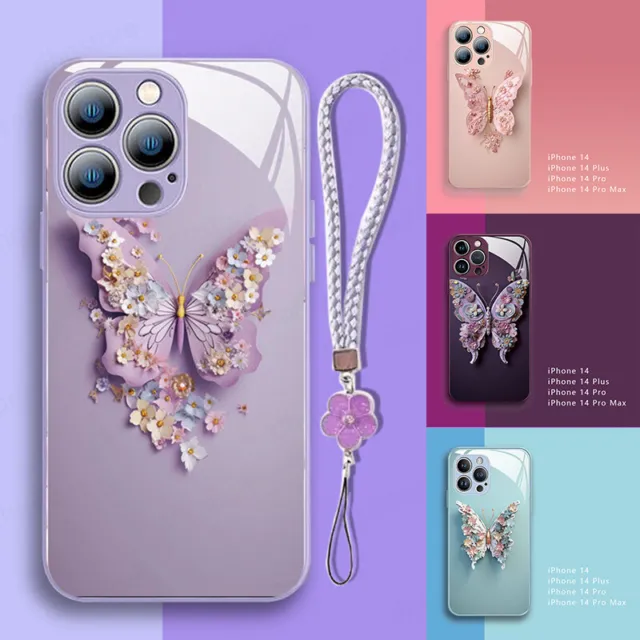 For iPhone 15 14 Pro Max 13 12 11 Butterfly Pattern Glass Hard Hybrid Case Cover