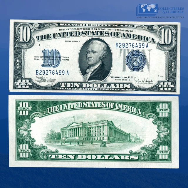 1934C $10 Ten Dollars Silver Certificate Blue Seal, XF+ Condition #76499