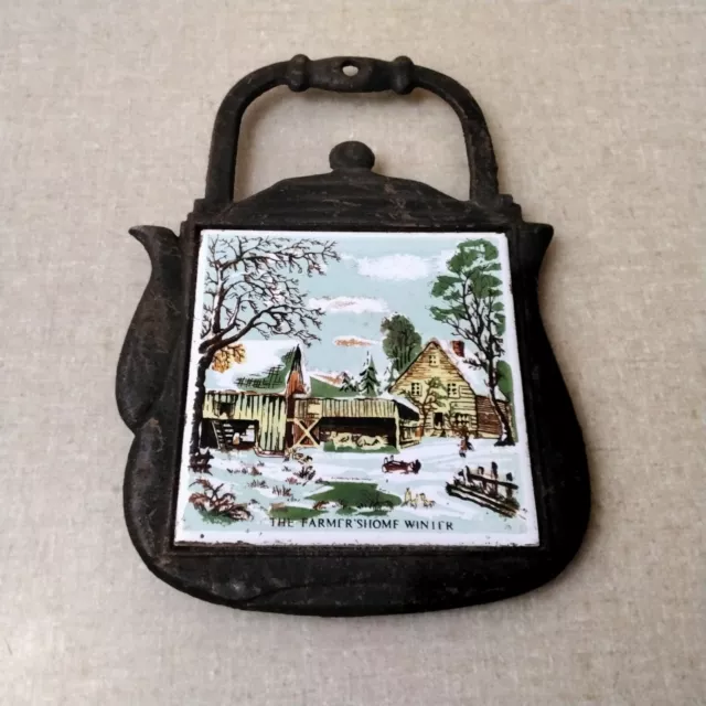 Vintage Cast Iron Teapot Farmer Home Tile Trivet