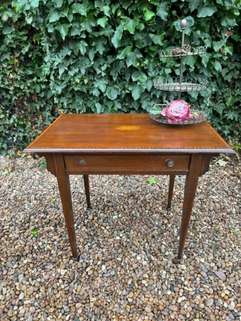 Edwardian Inlaid Mahogany Side Lamp Table, Rectangular Moulded Top, Shell Motif