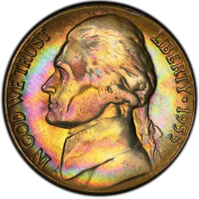 MS65+ 1953-D 5C Jefferson Nickel, PCGS Trueview- Pretty Rainbow Toned