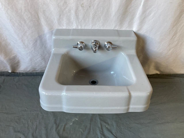 Vtg Mid Century Light Grey Porcelain Cast Iron Bathroom Wall Sink Old 05-23E