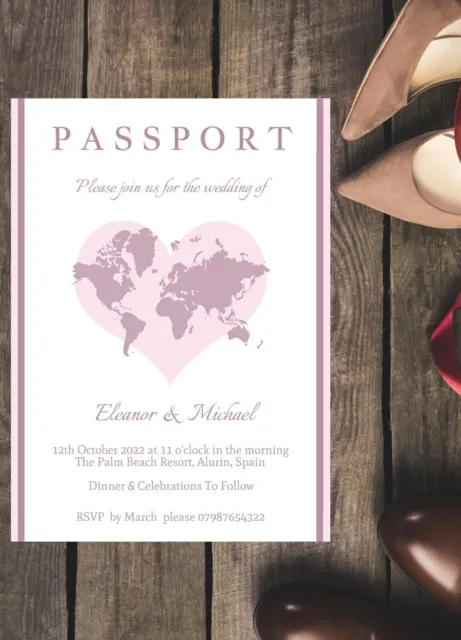 10 Personalised Wedding Invitations Passport Day or Evening Invite & envelopes