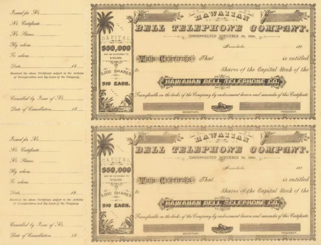 Hawaiian Bell Telephone Company - Known Now as Hawaiian Telcom - 1880's dated Pa