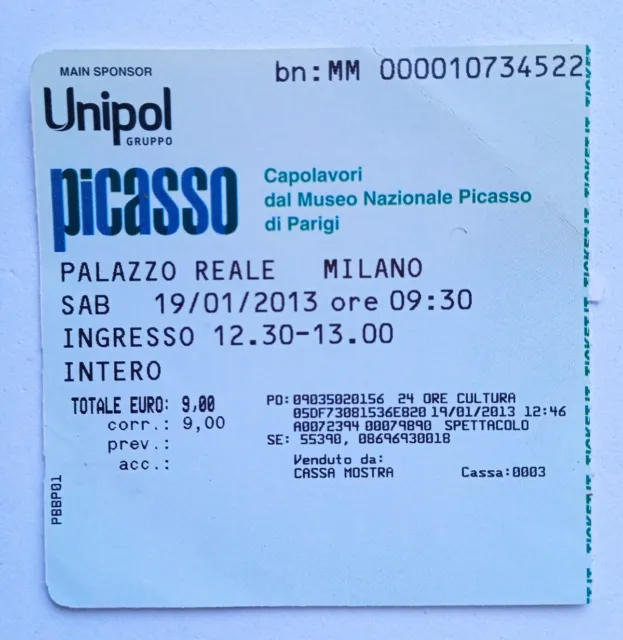 Biglietto Ingresso Picasso Capolavori - Palazzo Reale Milano 19-01-2013 - Ticket