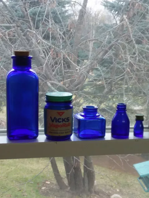 Vtg Cobalt Blue Glass Medicine Bottles VICKS Vaporub Wyeth & Other Lot Of 5 GVC