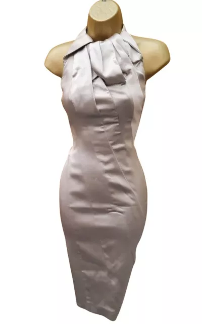 UK 14 KAREN MILLEN Champagne Satin Halterneck Ascot Cocktail Races Pencil Dress 2