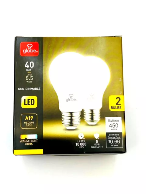 Globe A19 Non-Dimmable LED WARM Light Bulbs 3000K 450 Lumens