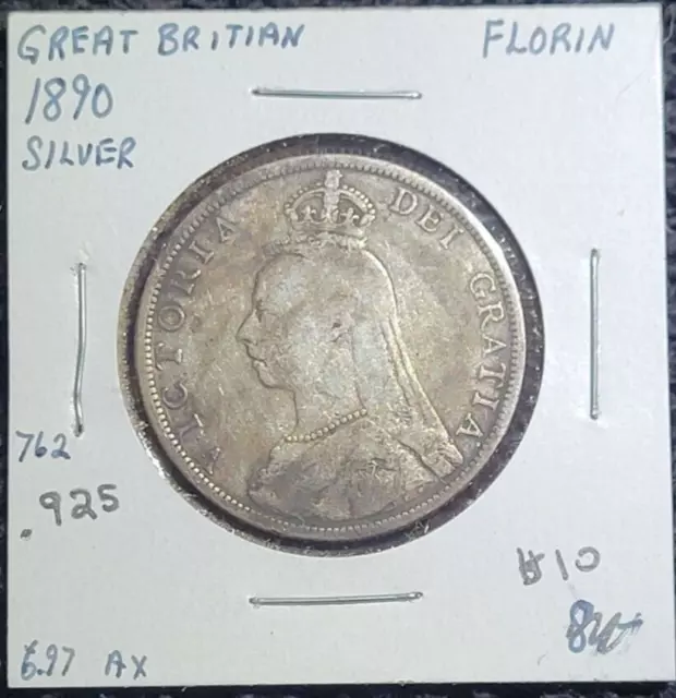 1890 Great Britain 1 Florin - .925 Silver Coin - KM# 762