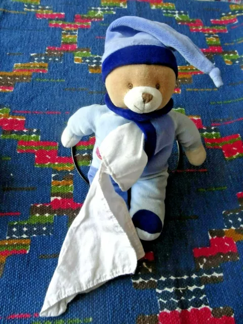Np / Peluche Doudou Ours Baby Nat Mouchoir Blanc Bonnet Bleu  2 Tons Tbe