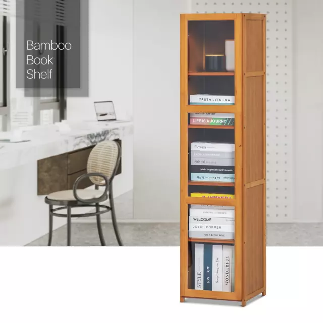 12"Bamboo[ADJUSTABLE SHELF]5-Tier Acrylic Door Book Storage Cabinet Display Rack