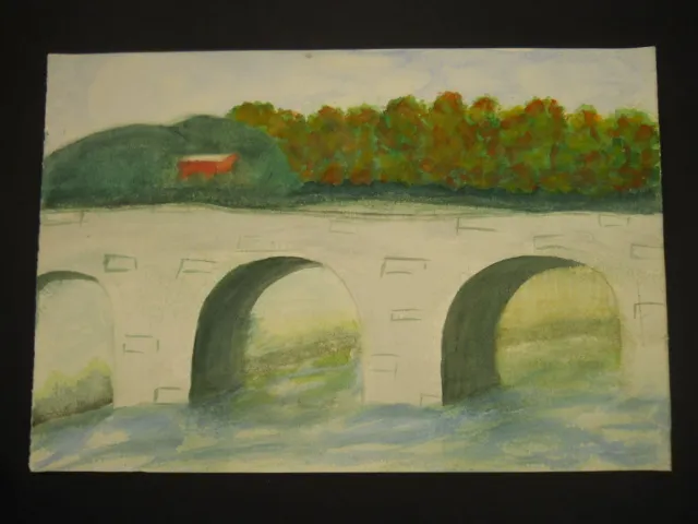Vintage Tunnel Bridge over River Water Color Painting