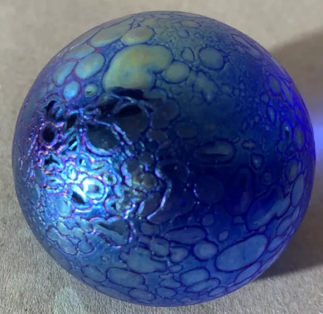 Vintage Heron Glass Textured Blue Iridescent Glass Paperweight.