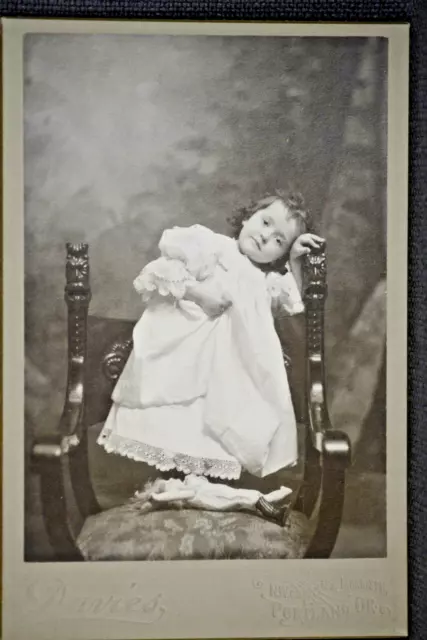 adorable child portrait by Davies, Portland Oregon cabinet card 1890s original