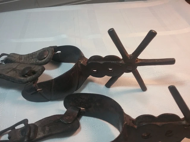 Pair Vintage Iron Western Spurs 1½” Rowels Partial Leathers Astronaut Chas Duke 3