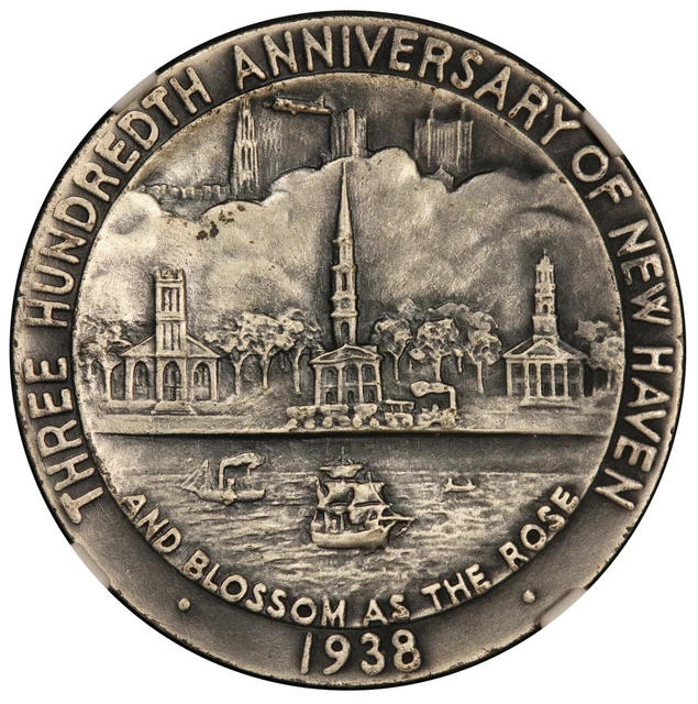 1938 New Haven CT Quinnipiack 300th Anniversary Silvered Bronze Medal NGC MS 66