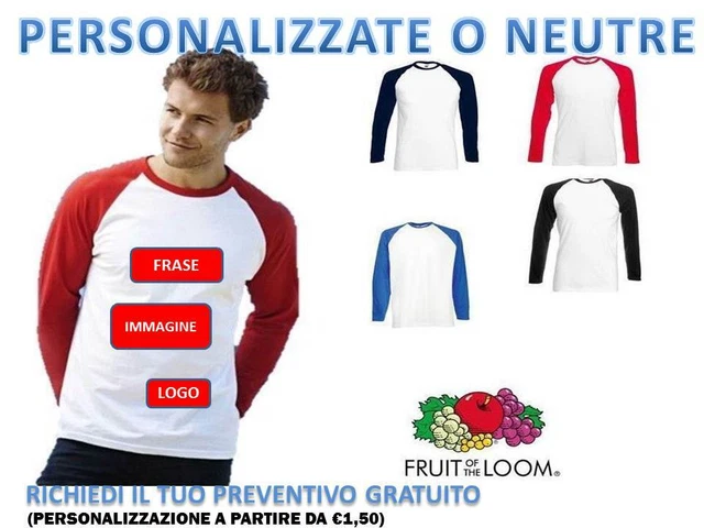 T-Shirt Maglietta Uomo Manica Lunga Baseball Fruit Of The Loom Cotone S-Xxl