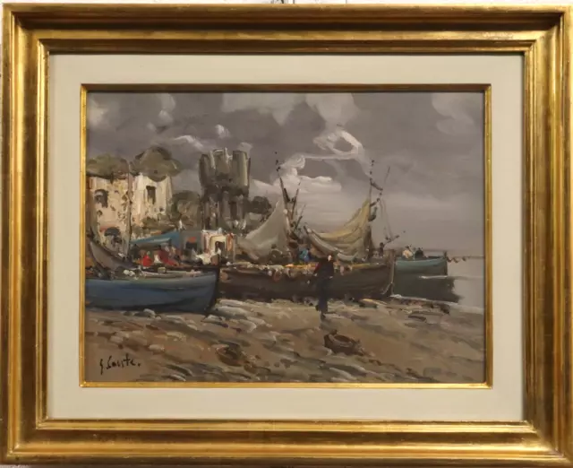 ANTICO Scuola Italiana 900 Quadro Dipinto Marina con Pescatori OLIO SU MASONITE