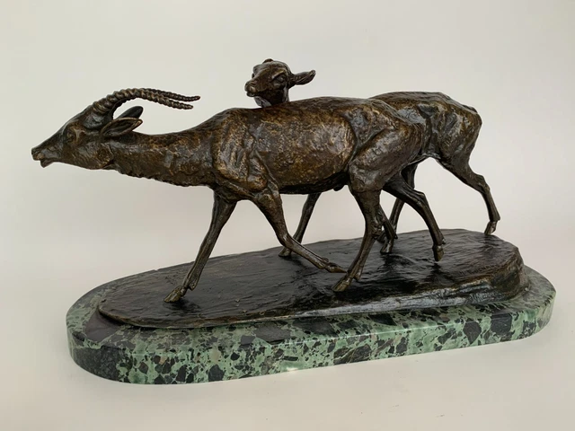 Paire D Antilopes Couple Bronze Par Irenee Rochard 1930 Art Deco Sur Marbre E723 2