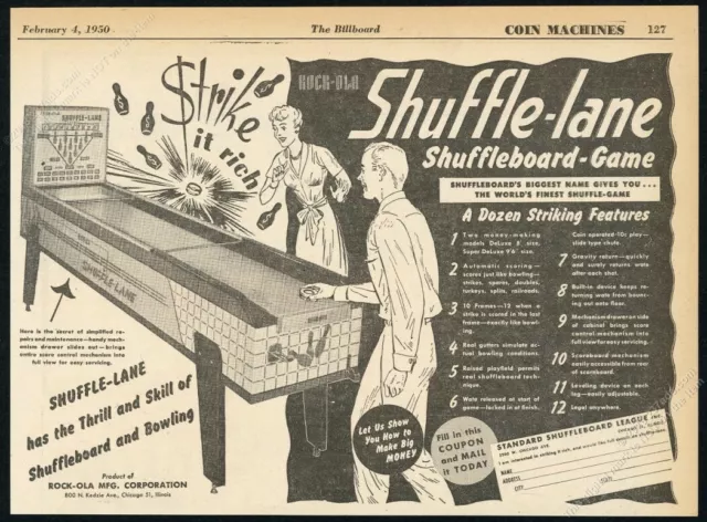 1950 Rock Ola Shuffle-Lane coin-op arcade game machine photo trade print ad