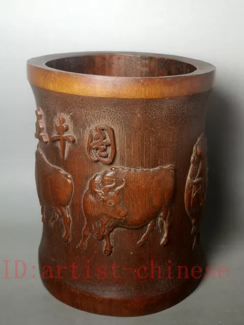 6.2”Old Antique Chinese Bamboo Carved Five bull ox QNDW brush pot Table ornament 2