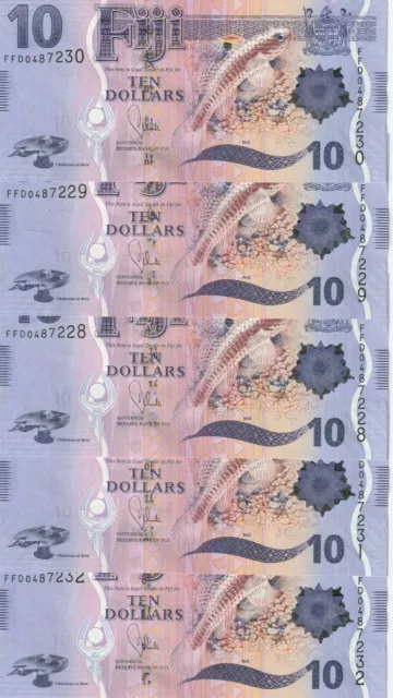 5X CONSECUTIVE FIJI $10 Dollars 2013 UNC Banknote